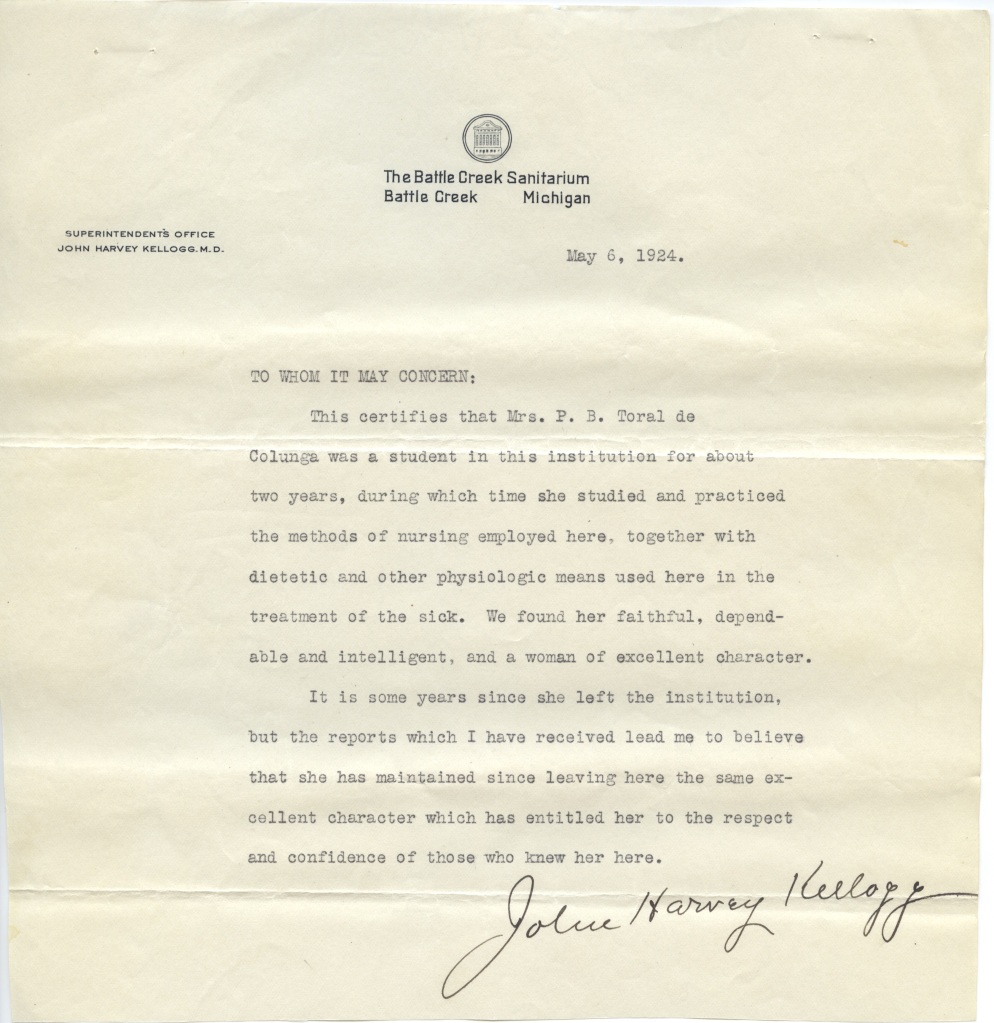 Letter of recommendation for Petra Toral from John Harvey Kellogg, 1924. [IC 058 Texas State Board of Medical Examiners records, box 21, folder 49, McGovern Historical Center, Texas Medical Center Library]