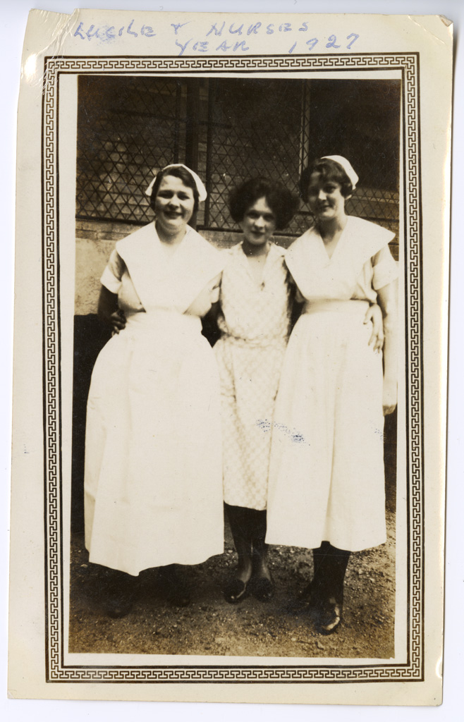 [Black and white photograph of Lucile Baird and two nurses at Baptist Memorial Hospital, standing, 1927. MS249-11, Lucile Baird papers, McGovern Historical Center, TMC Library]