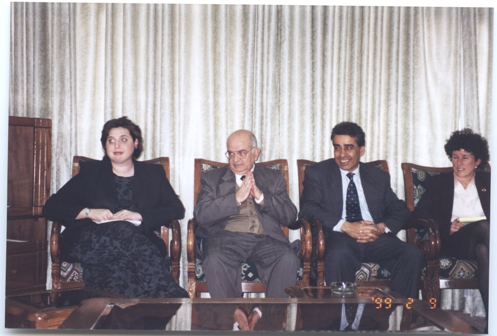 Debbie Goldberg, Executive Director of Texas Hadassah Medical Research Foundation, with others in the Israeli and Palestinian delegation before the press conference inside Yasser Arafat International Airport in Gaza on February 9, 1999. [IC 105 Texas Hadassah Medical Research Foundation records, McGovern Historical Center, TMC Library, IC105-029]